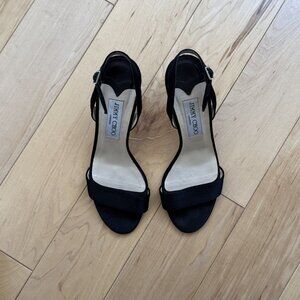 Jimmy Choo Women Black Satin Strappy Sandals Heels